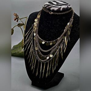 "5/$25" Edgy Brasstone Multi-layered Spike Disc Dangle Charm Necklace